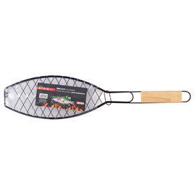 Better Barbeques Non-Stick Fish Grill Basket, 9"L x 5"W x 3"H, Black Metal Basket with a Wooden Handle