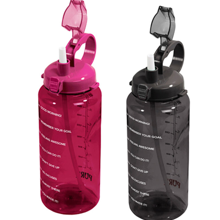 PURE Plastic Motivational Water Bottle with Carrying Handle, Lockable Lid, & Straw, 2L - colour may vary, selected at random, 1 per order