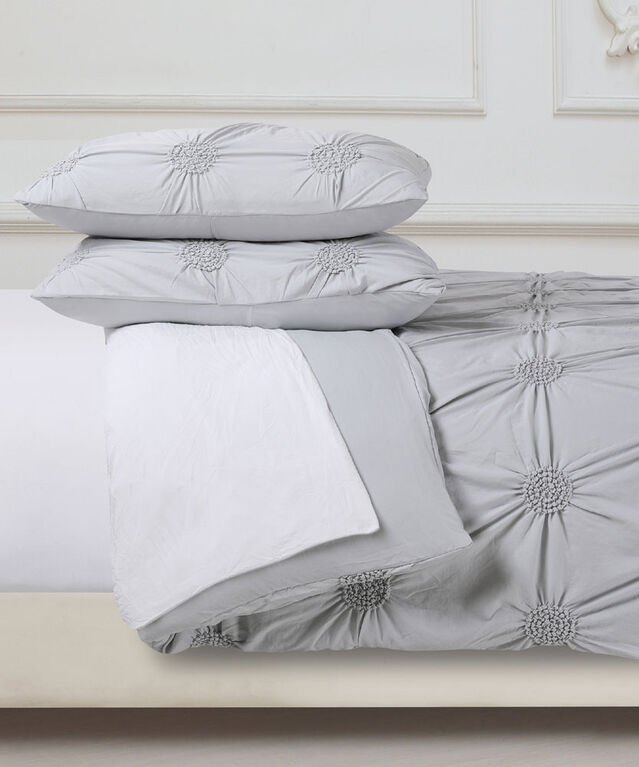 Swift Home Double/Queen Duvet Cover Set - Floral Ruched,  Light Grey