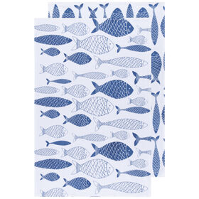 Fish Print Royal Blue Floursack Dishtowels Set of 2