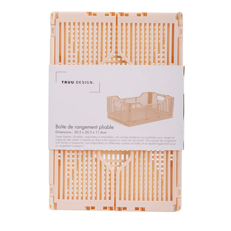 Truu Design Folding Plastic Storage Organization Crate, 12"L x 8"W x 4.5"H, Pink