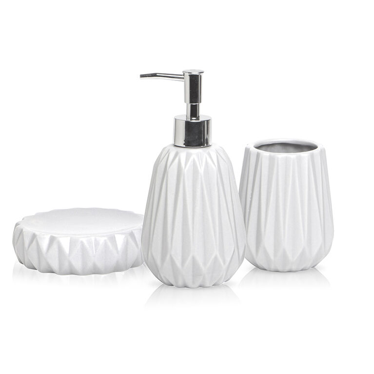 Harman 3PC Gem Ceramic Bath Set (Dispenser 3.5x3.5x7"/Tumbler 3x3x4"/Soap Dish 4.5x1") White-Giftboxed