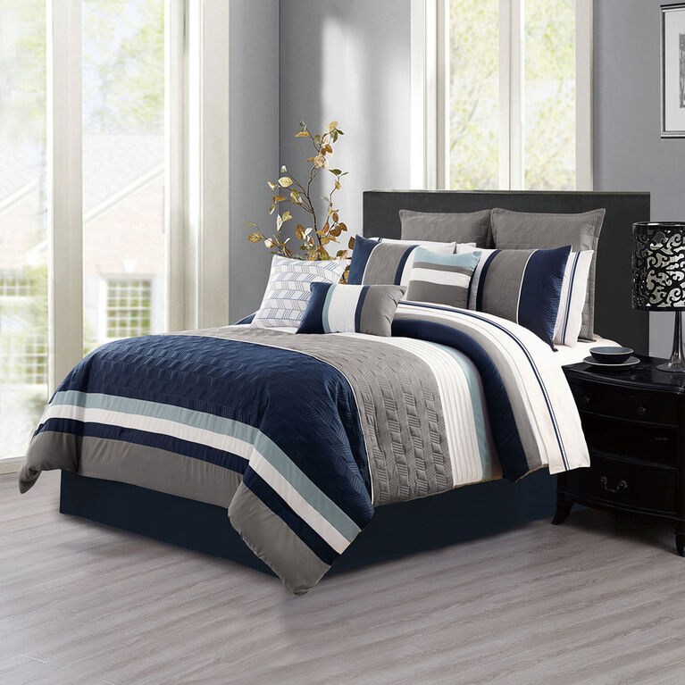 S&CO Ryker 7PC Blue Grey White Queen Comforter Set
