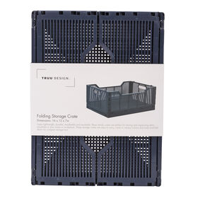 Truu Design Folding Plastic Storage Organization Crate, 16"L x 12"W x 7"H, Navy