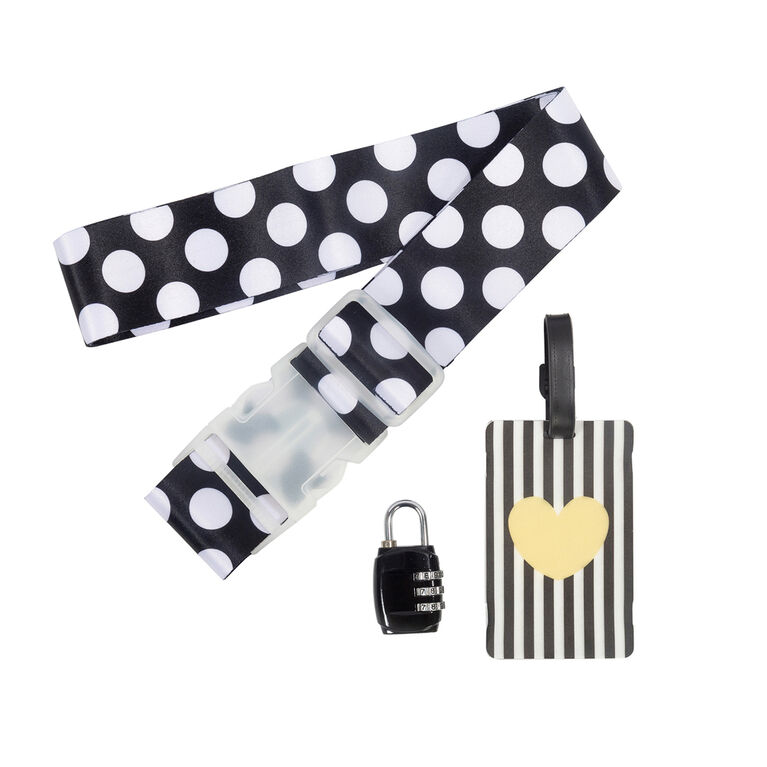 Global 3-Piece Polka Dot Luggage Set with Luggase Strap, Luggage Tag, & Lock, Black