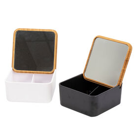 Bodico Three-Compartment Makeup & Jewelry Organizer with Mirrored Bamboo Lid, 5.3" x 5.5" inches