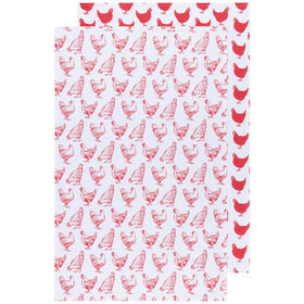Chickens Print Red Floursack Dishtowels Set of 2