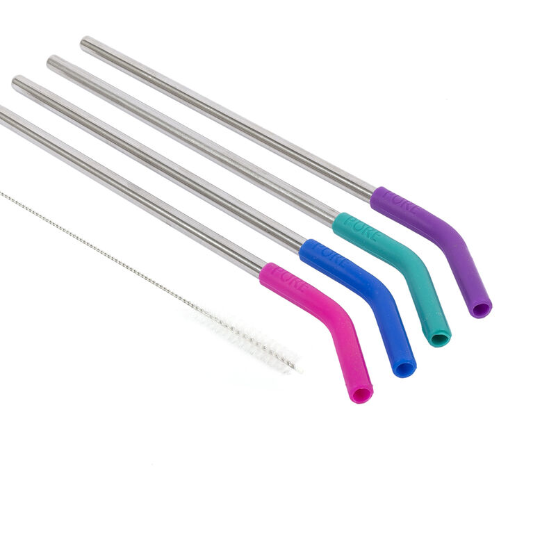 PURE 4-Piece Stainless Steel Straws with Silicone Tips & Cleaning Brush - colour may vary, selected at random, 1 per order